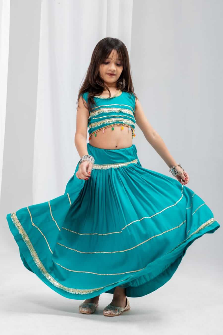 Girls Navratri Special Teal Blue Cotton Lehenga Choli Set with Coin Fringe & Kamarbelt