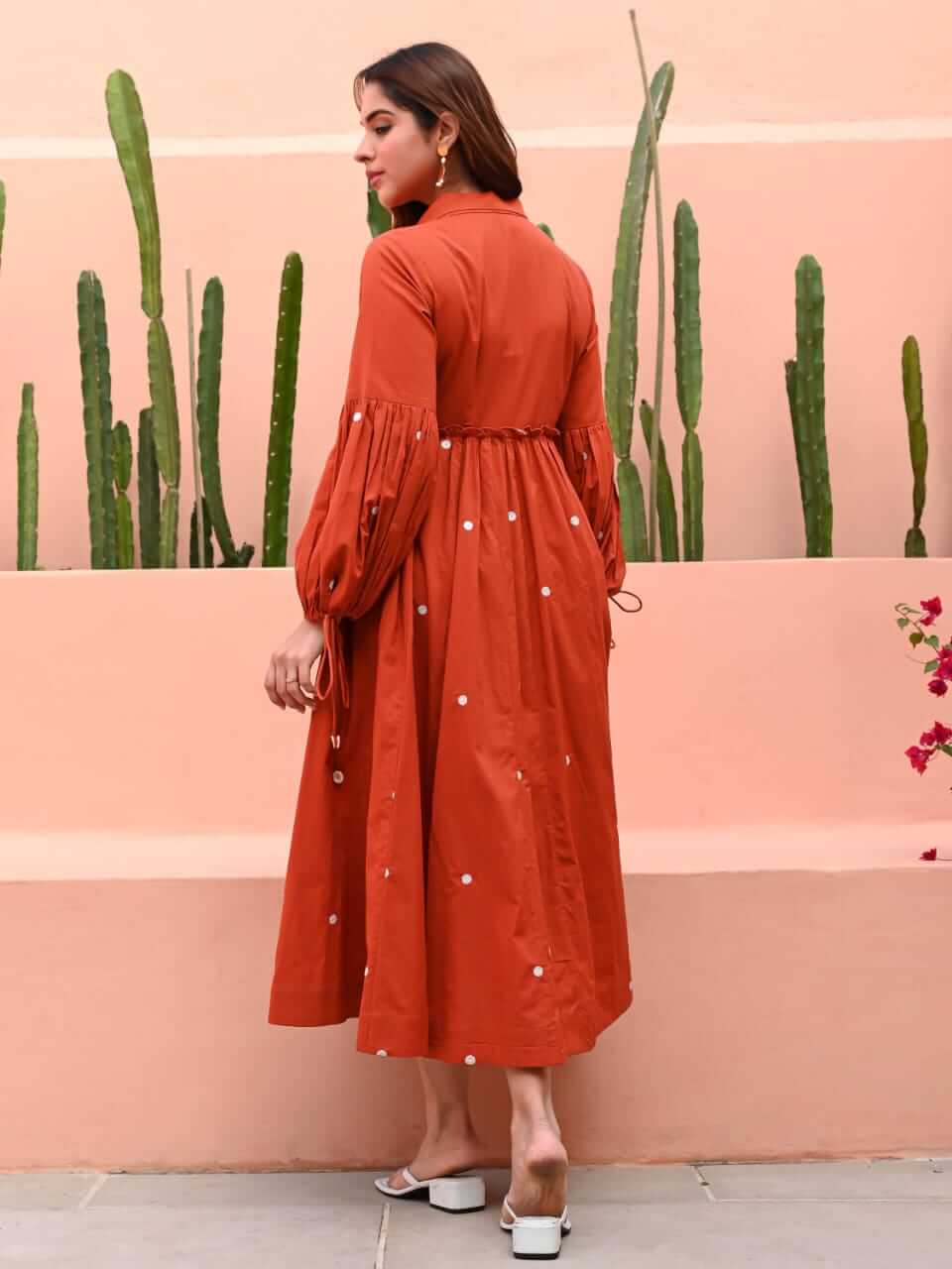 Rust Orange Flared Shirt Dress with Mirror Work Embellishments & Statement Sleeves