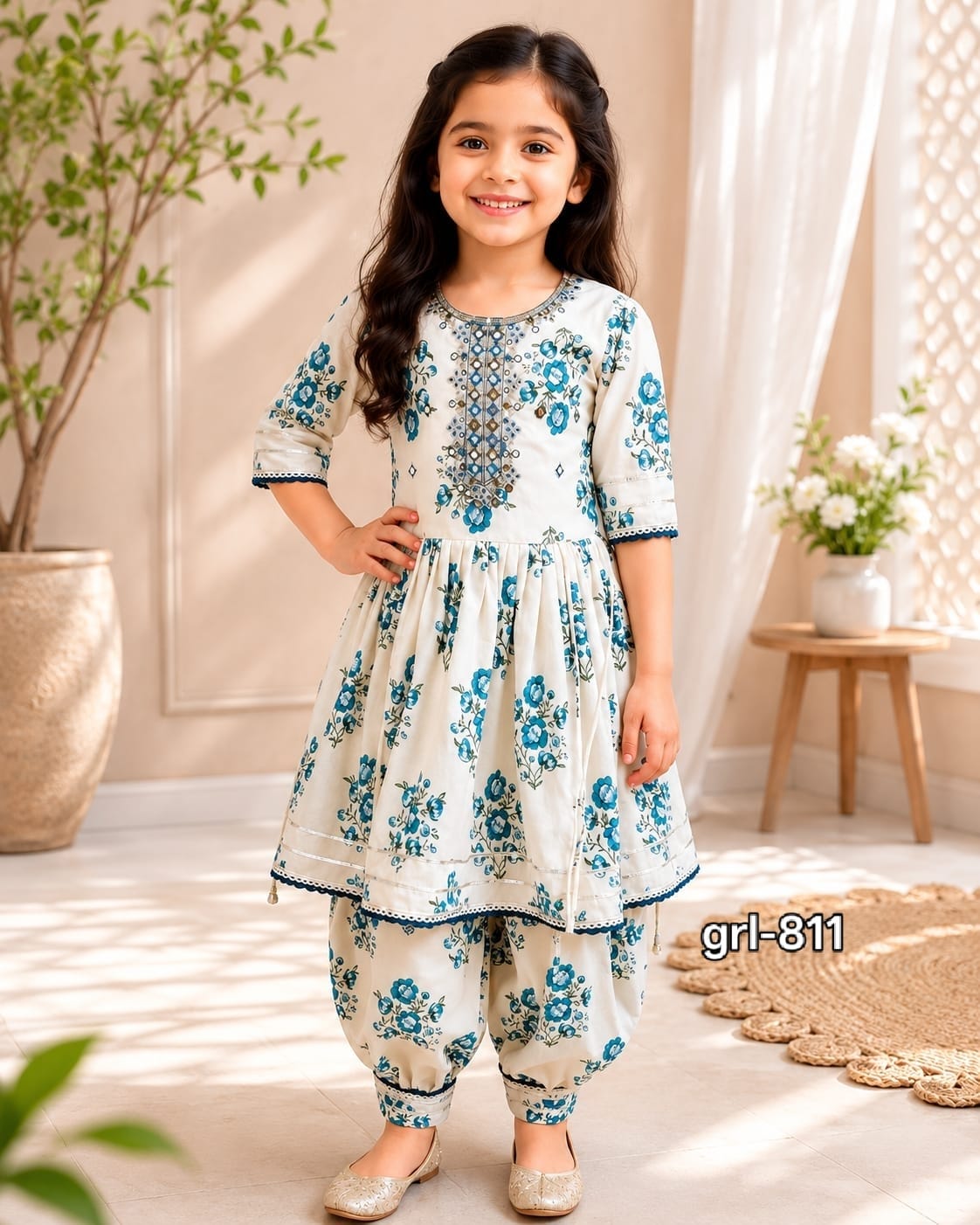 Girls Off-White & Turquoise Blue Floral Printed Cotton Kurta with Dhoti Pant Set