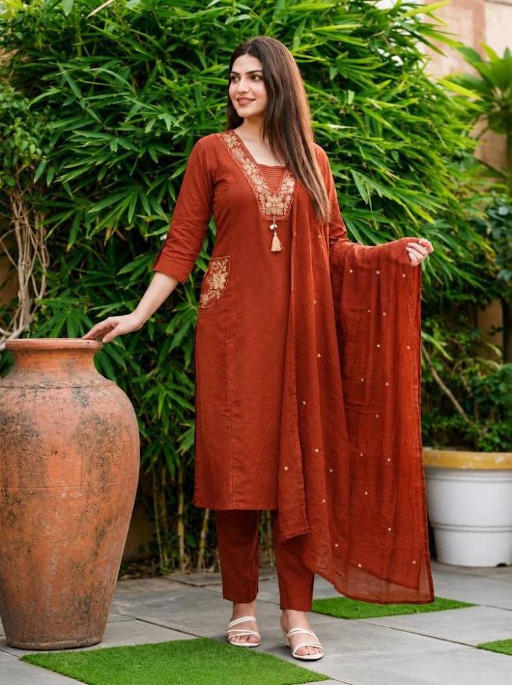 Women's Rust Orange Embroidered Straight Kurta Pant Set with Dupatta – 3-Piece Terracotta Cotton Blend Suit Set with Embroidered Pockets