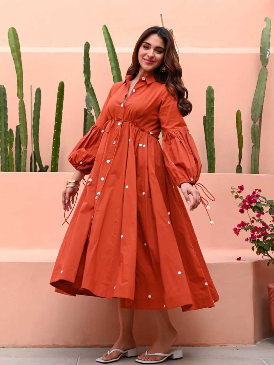 Rust Orange Flared Shirt Dress with Mirror Work Embellishments & Statement Sleeves