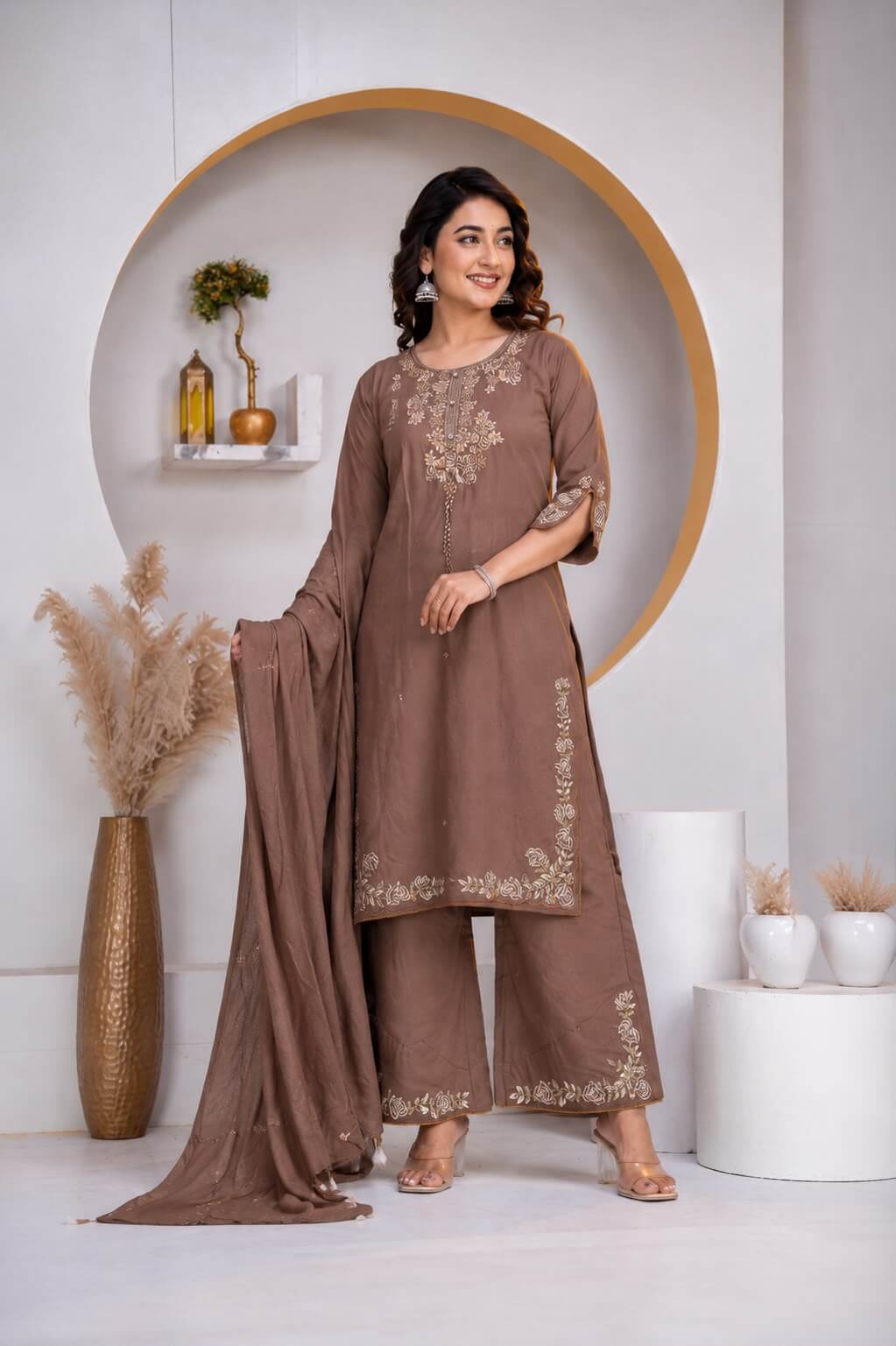 Taupe Brown Floral Embroidered Straight Kurta Set with Wide-Leg Pants & Dupatta