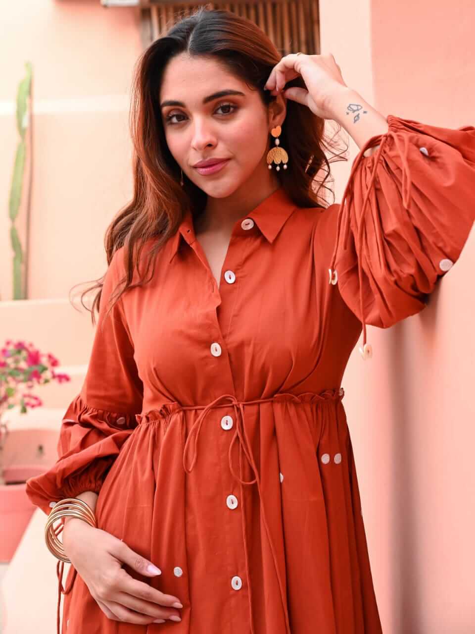 Rust Orange Flared Shirt Dress with Mirror Work Embellishments & Statement Sleeves
