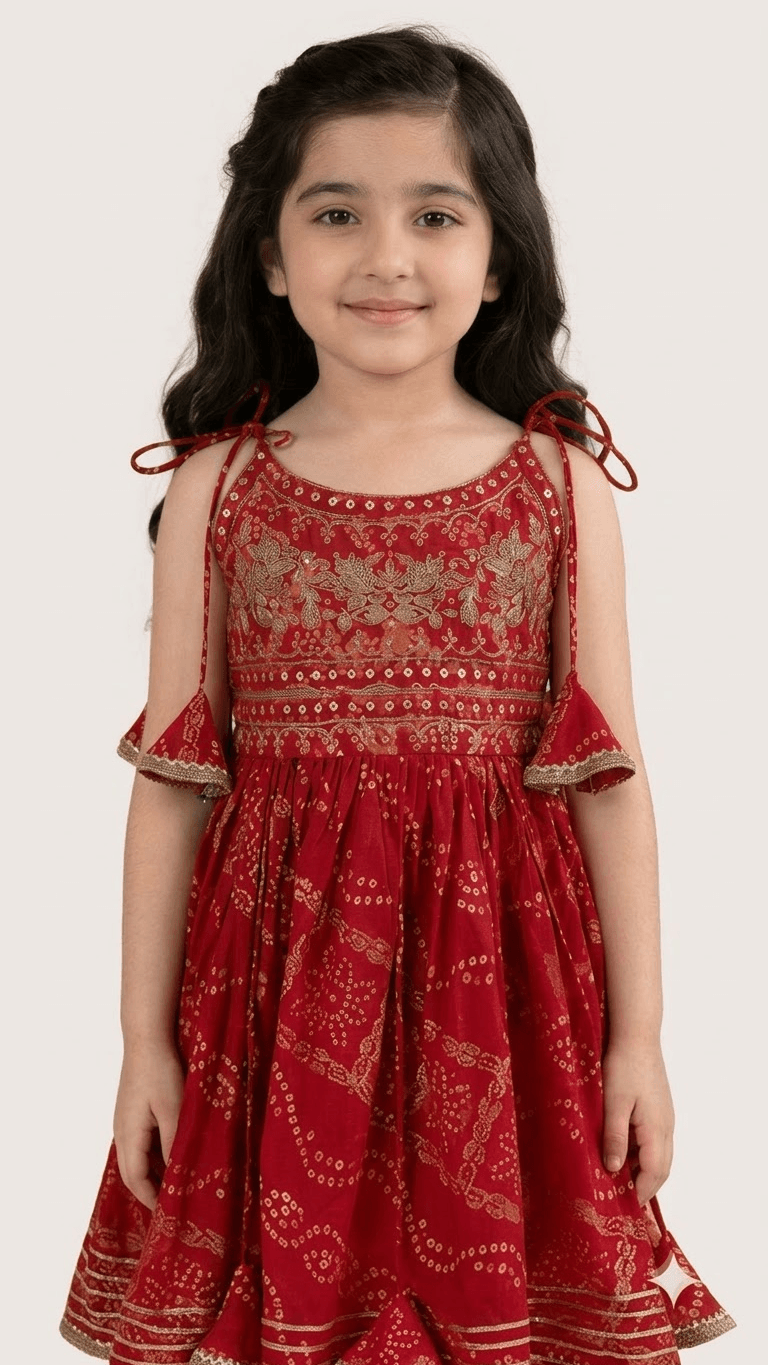 Girls Red Bandhani Printed Cotton Peplum Kurta with Dhoti Pant Set
