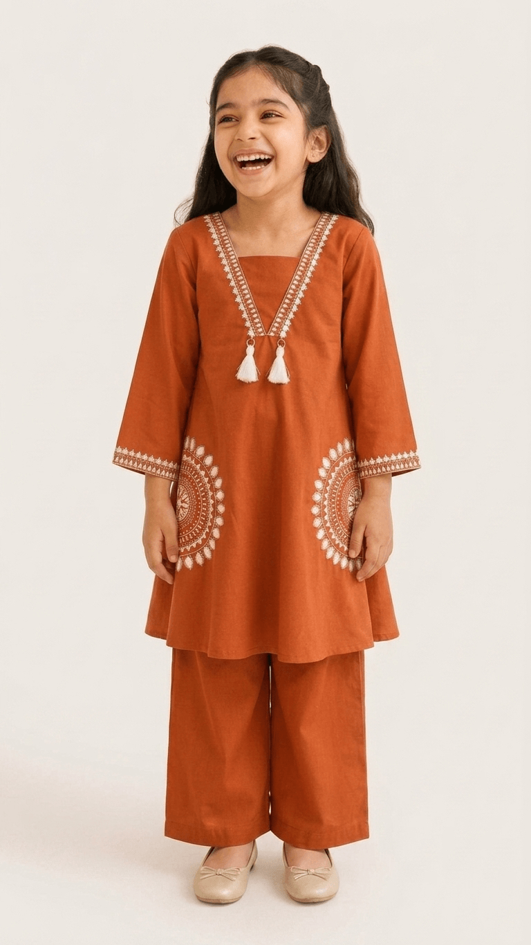 Girls Rust Orange Embroidered Kurta and Palazzo Co-Ord Set | Kids Indo-Western Traditional Cotton Festive Wear Dress