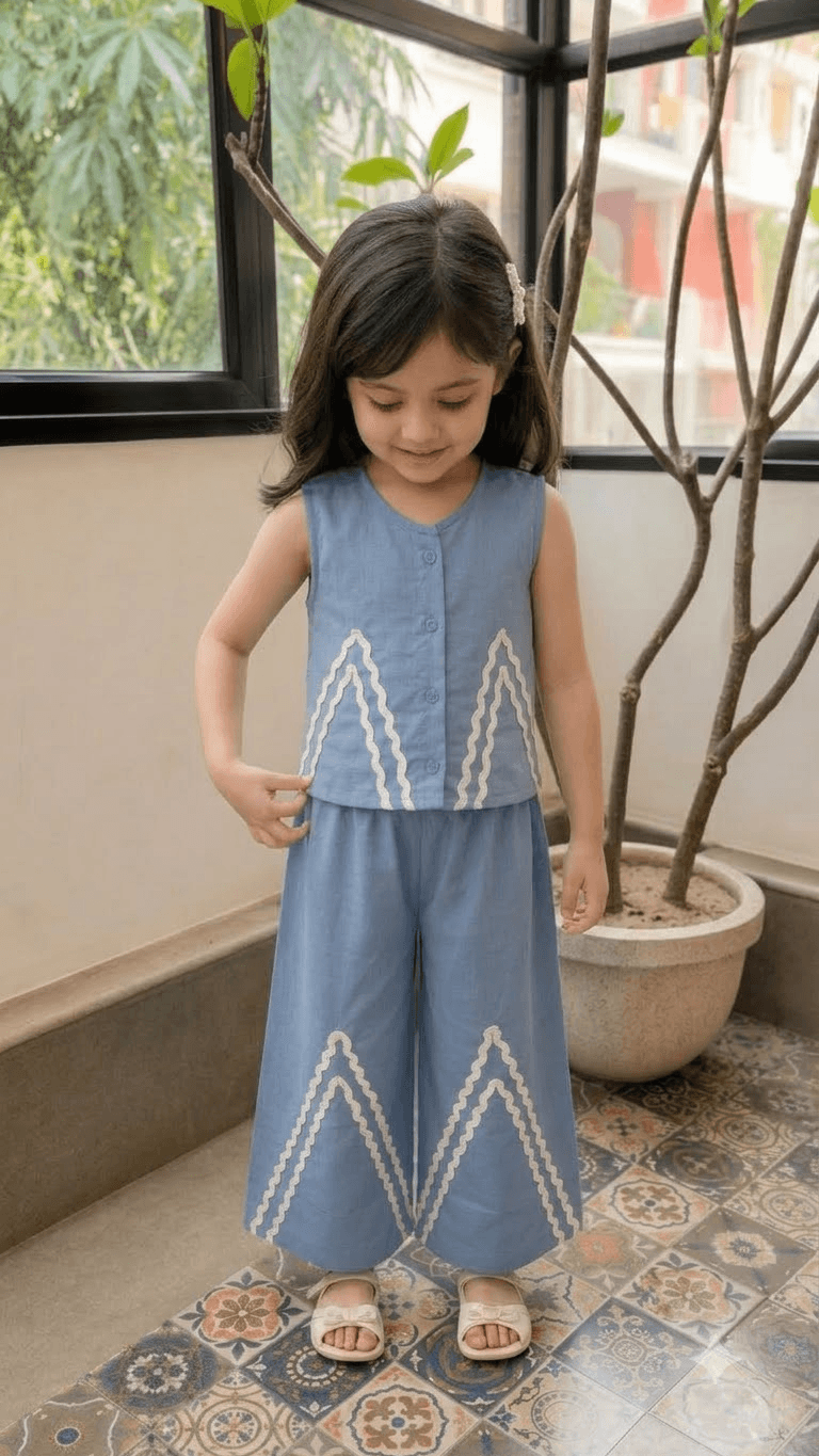Girls Slate Blue Cotton Vest Top & Wide-Leg Pants Co-Ord Set with Lace Work