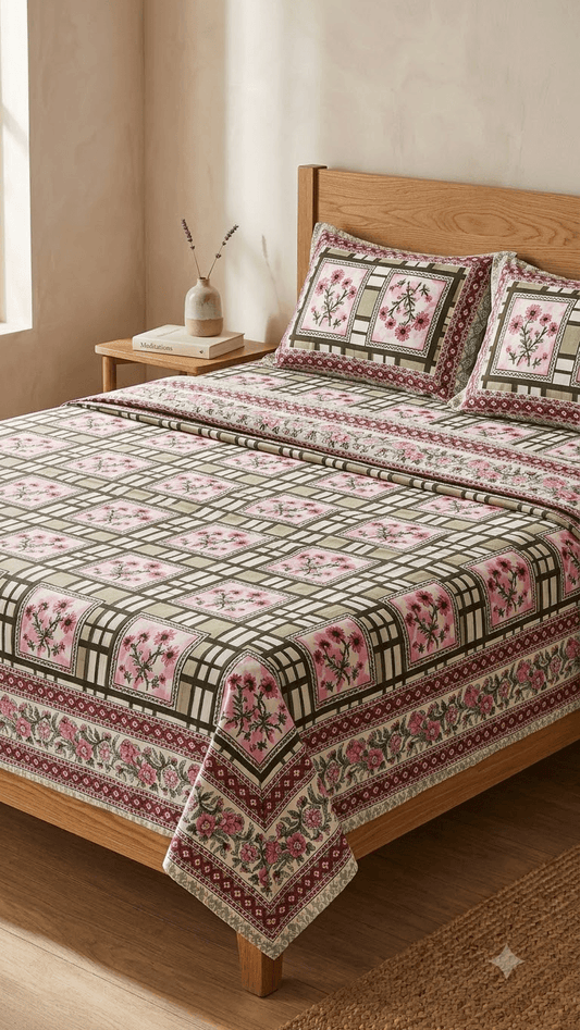 Olive Green and Pink Geometric Check Block-Print Style Cotton Double Bedsheet with Pillow Covers