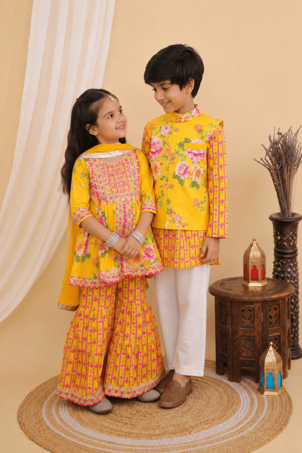 Bright Yellow Jaipuri Sibling Set for Kids – Festive Ethnic Wear