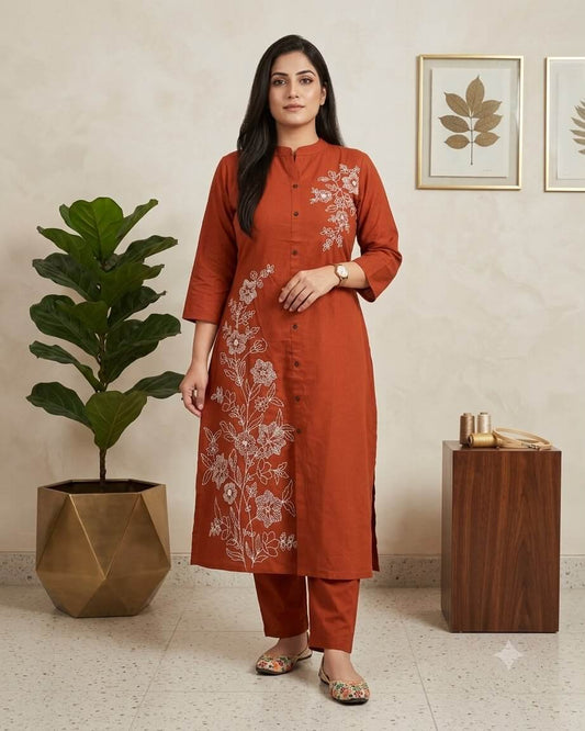 Rust Orange Floral Embroidered Straight Kurta with Trousers