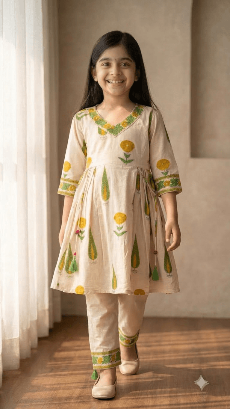 Girls Off-White & Yellow Hand Block Printed Cotton Angrakha Kurta with Pant Set