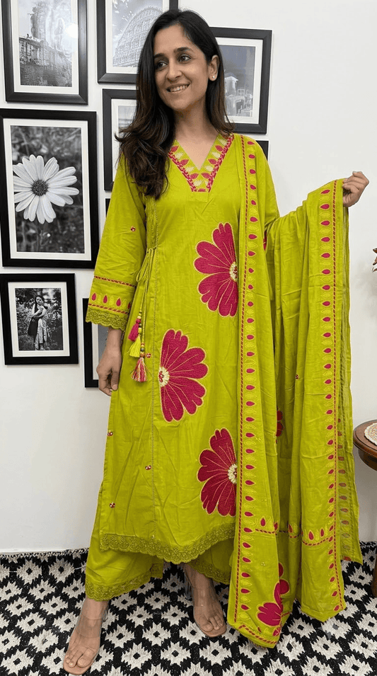 Olive Green Embroidered Cotton Kurta, Salwar with Dupatta Set