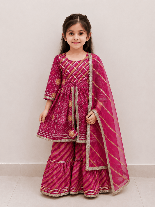 Girls Rani Pink Bandhani Print Peplum Kurti Sharara Set | Kids Gota Patti Traditional Festive Wear Suit with Dupatta