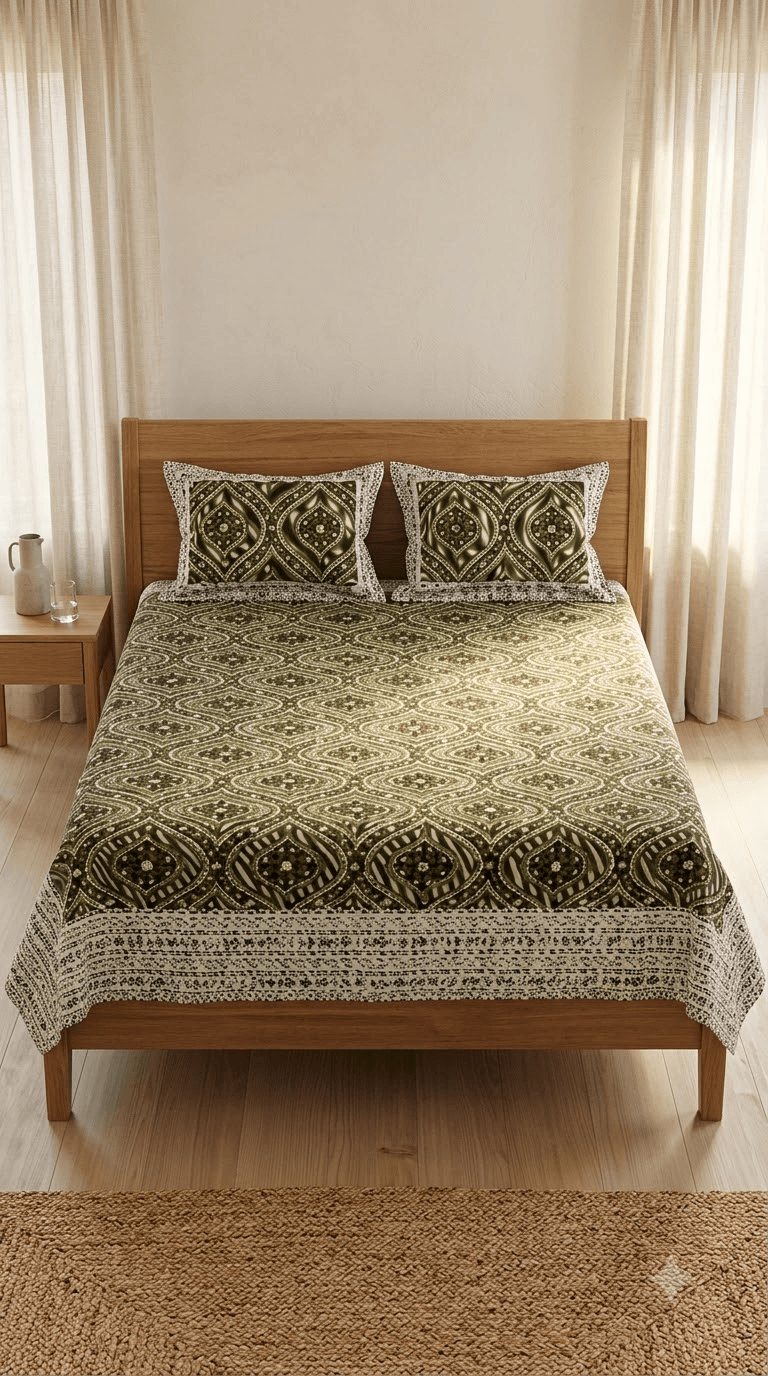 Olive Green and Gold Block-Print Style Cotton Double Bedsheet with Pillow Covers