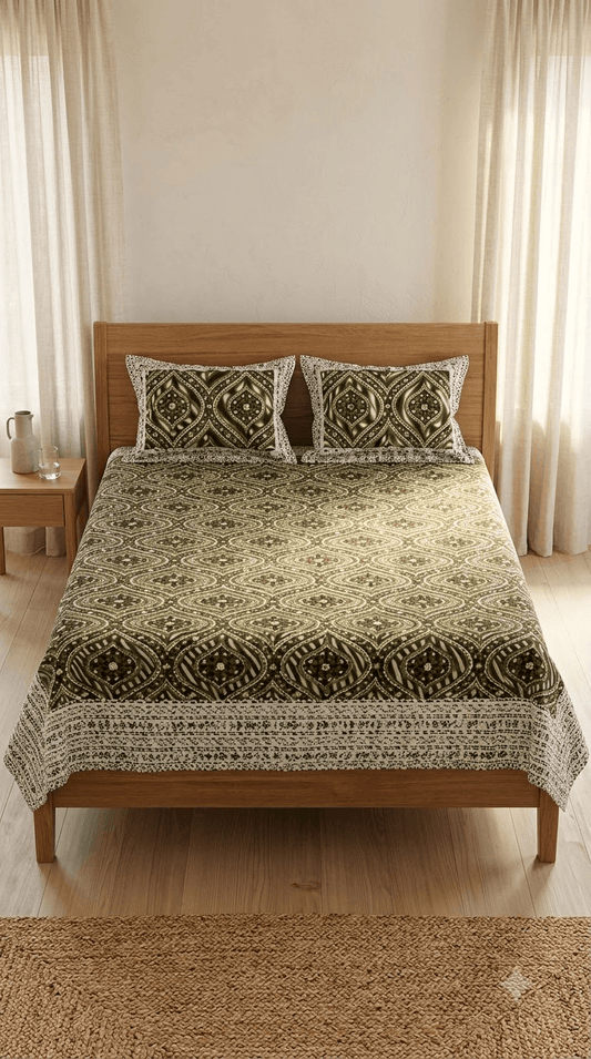 Olive Green and Gold Block-Print Style Cotton Double Bedsheet with Pillow Covers