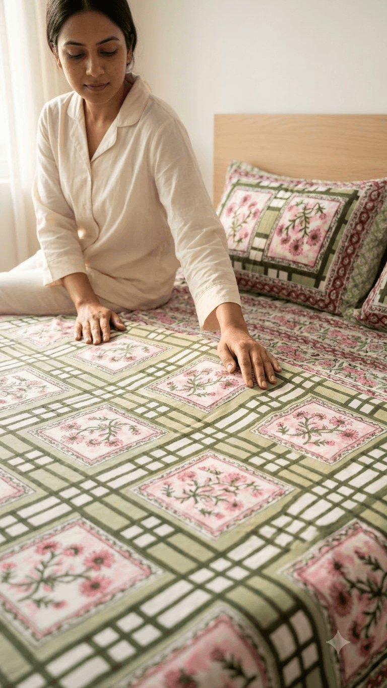 Olive Green and Pink Geometric Check Block-Print Style Cotton Double Bedsheet with Pillow Covers