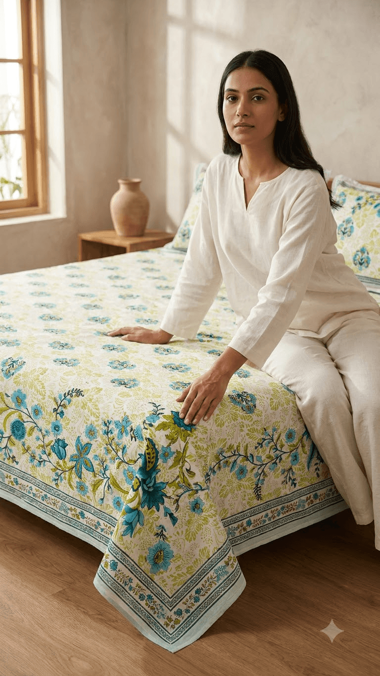 Light Green and Blue Floral Block-Print Style Cotton Double Bedsheet with Pillow Covers