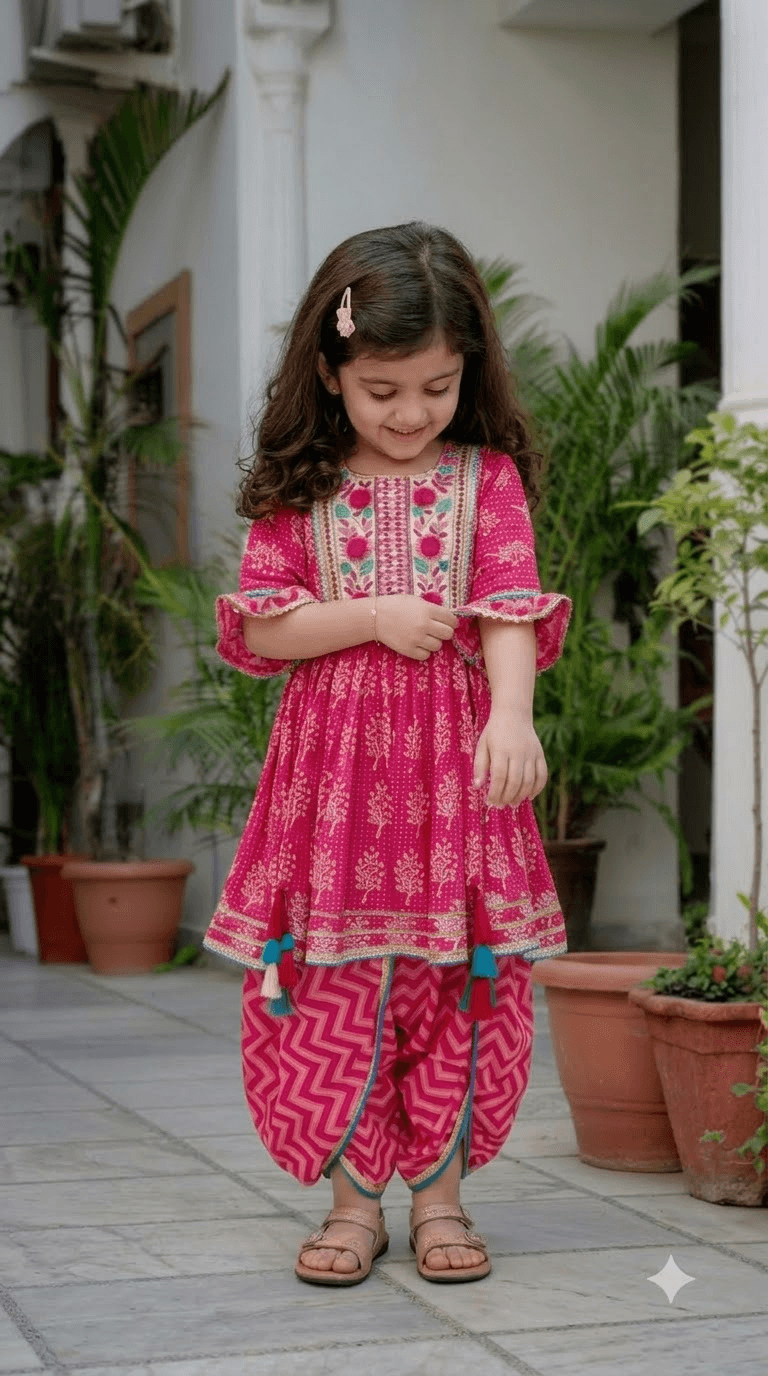 Girls Fuchsia Pink Printed Cotton Kurta with Chevron Tulip Dhoti Pant Set