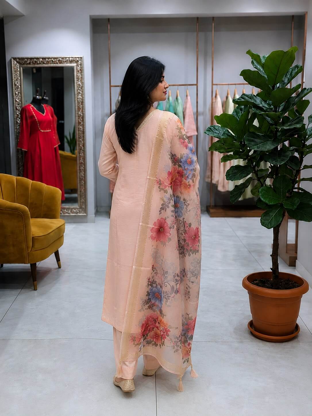 Peach Silk Chanderi Kurta Set with Zari Embroidered V-Neck & Floral Organza Dupatta