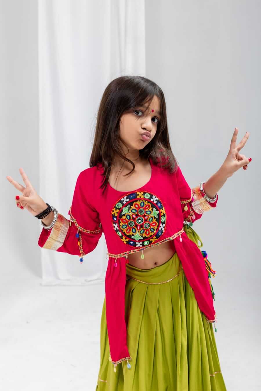 Girls Navratri Special Pink & Olive Green Cotton Lehenga Choli Set with Mirror Work