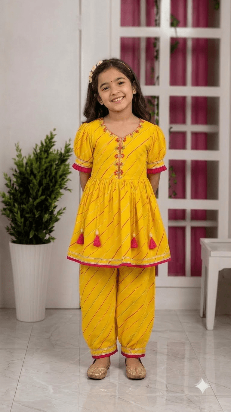 Girls Yellow & Pink Leheriya Printed Cotton Kurta with Dhoti Pant Set