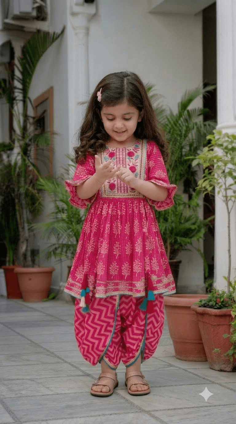 Girls Fuchsia Pink Printed Cotton Kurta with Chevron Tulip Dhoti Pant Set