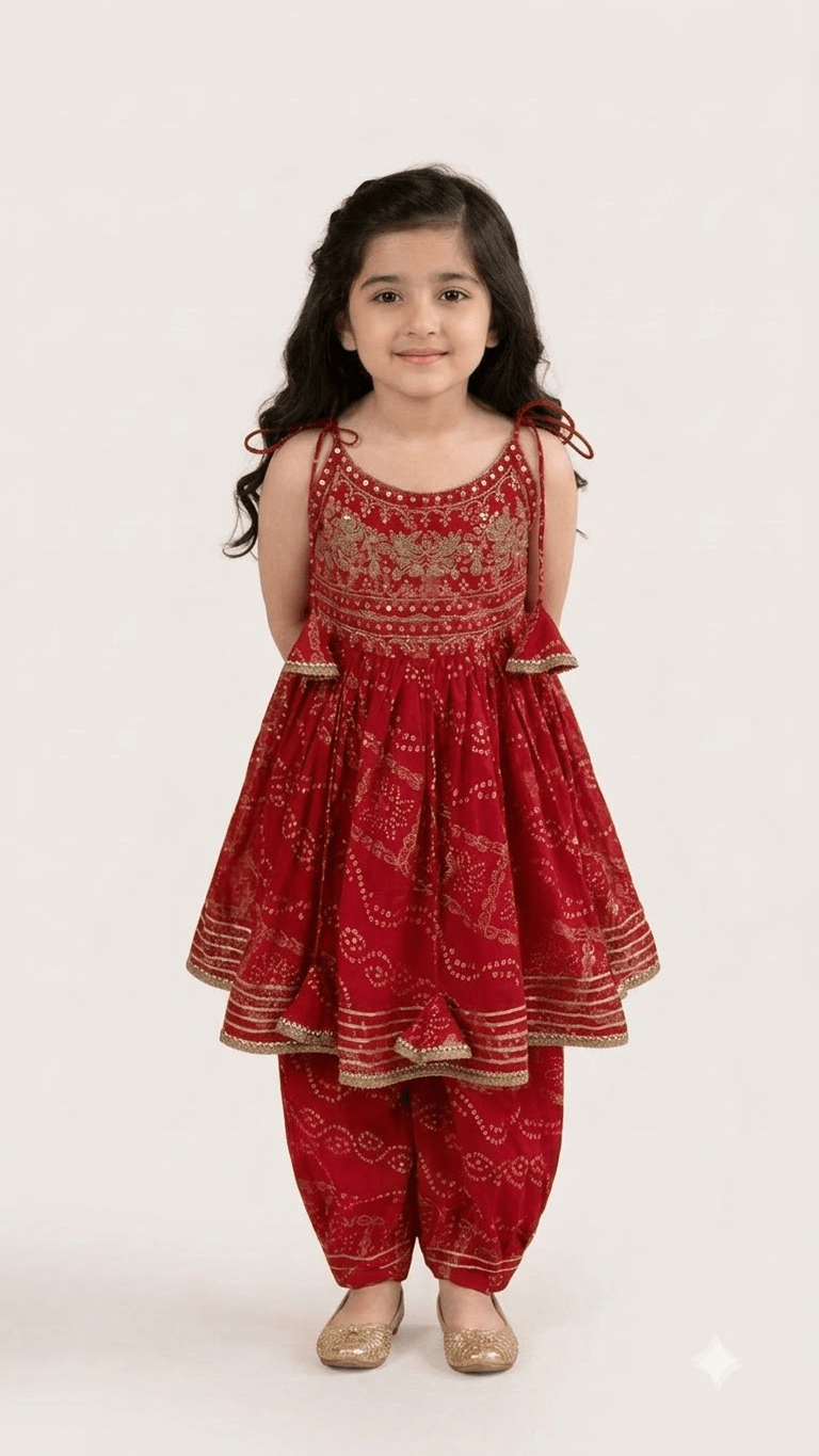 Girls Red Bandhani Printed Cotton Peplum Kurta with Dhoti Pant Set