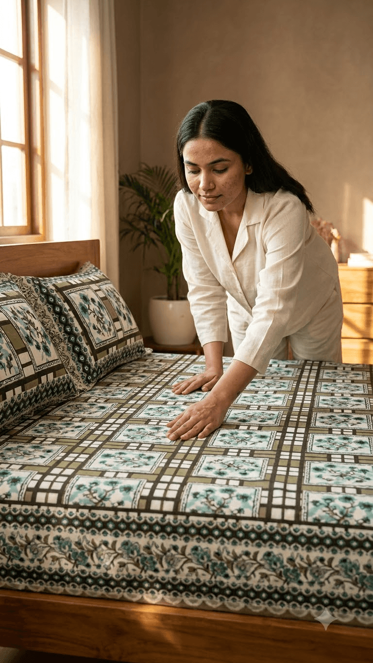 Teal and Beige Geometric Floral Block-Print Style Cotton Double Bedsheet with Lace Pillow Covers