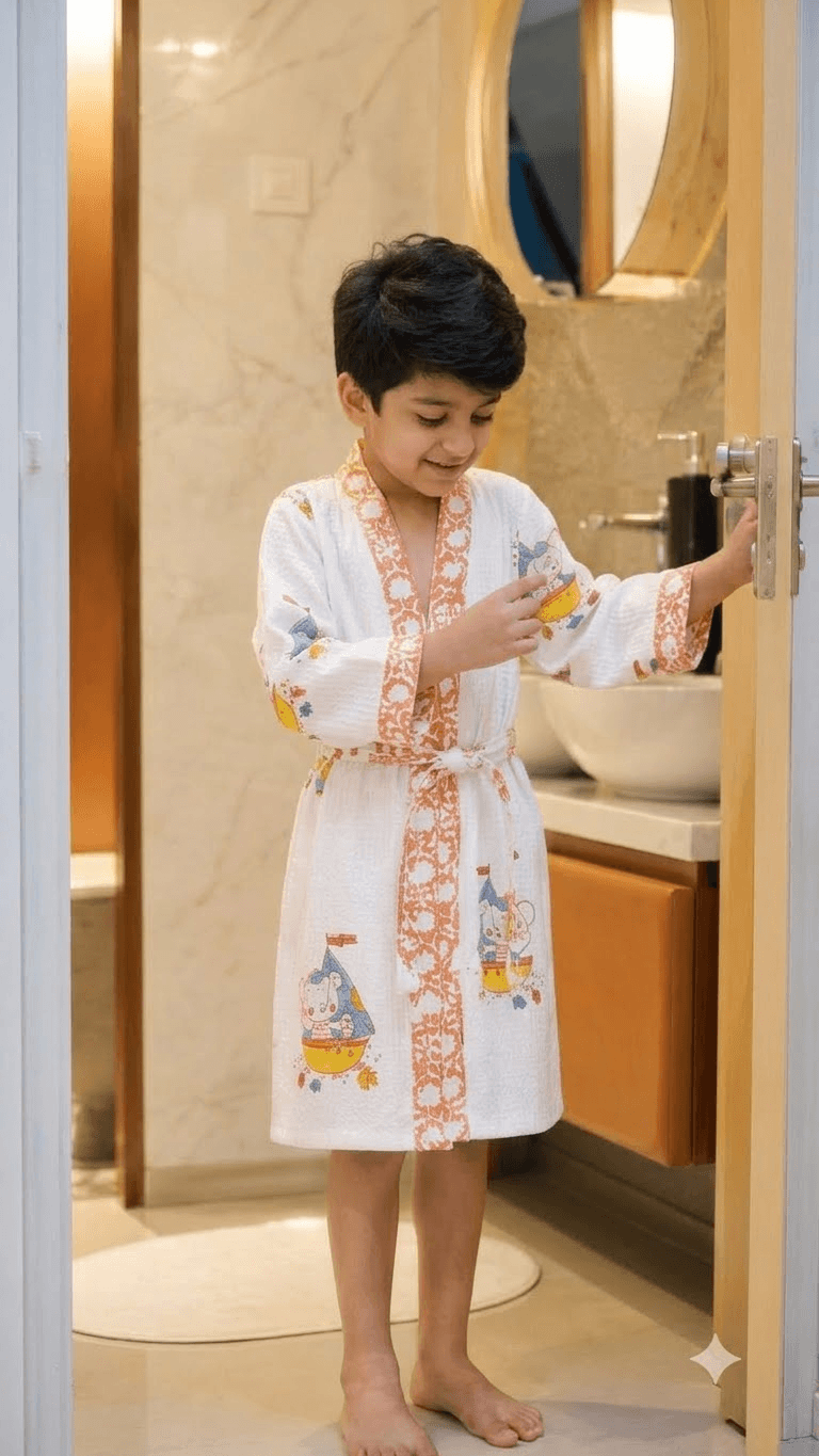 Kids Off-White & Terracotta Sailor Elephant Printed 100% Cotton Waffle Bathrobe