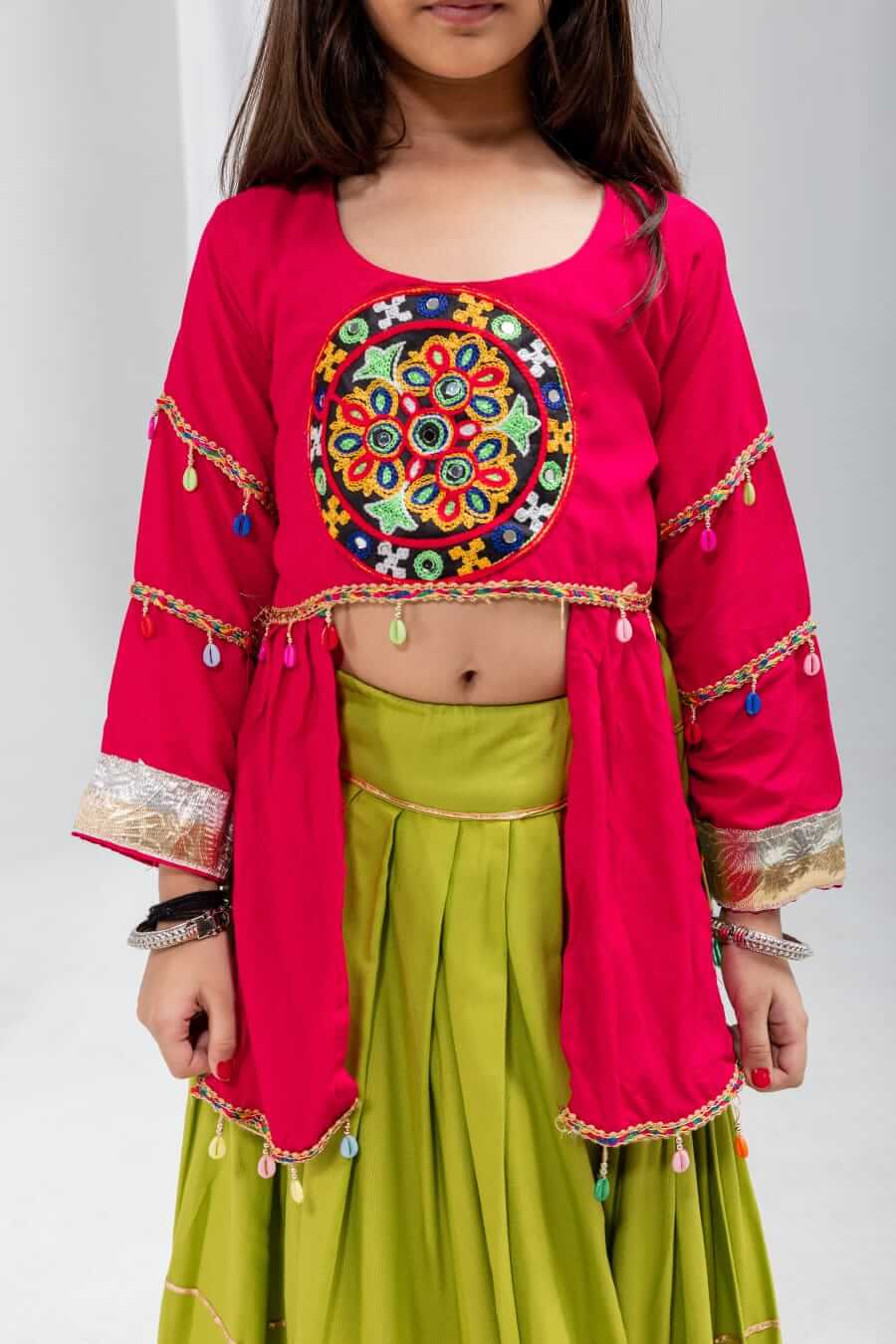 Girls Navratri Special Pink & Olive Green Cotton Lehenga Choli Set with Mirror Work