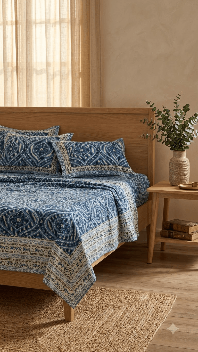 Blue and Indigo Block-Print Style Cotton Double Bedsheet with Pillow Covers