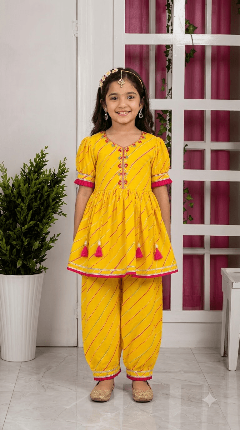 Girls Yellow & Pink Leheriya Printed Cotton Kurta with Dhoti Pant Set