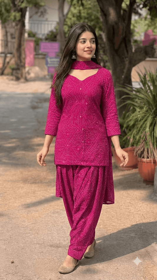 Women Magenta Bandhani Printed Cotton Patiyala Salwar Suit Set with Dupatta