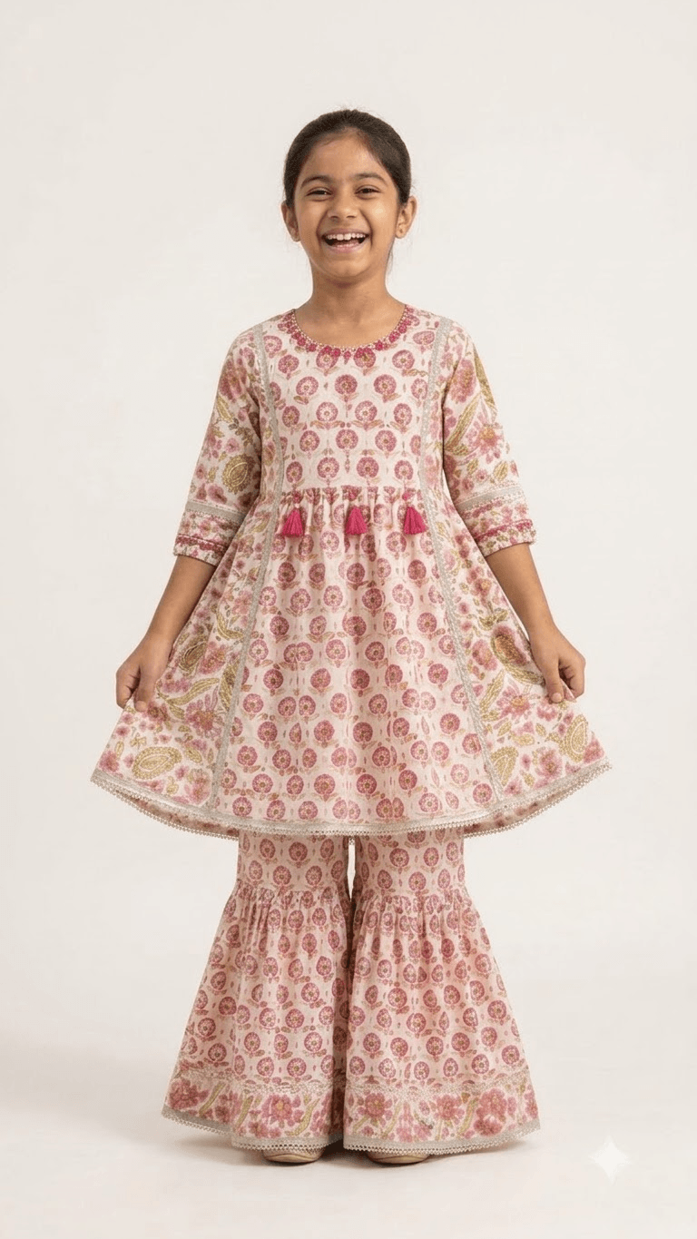 Girls Off-White & Pink Floral Block Printed Cotton Sharara Suit Set