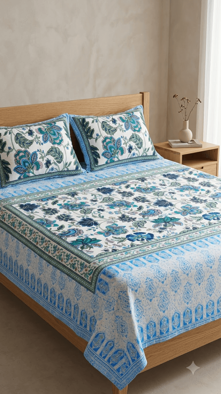 Blue and Off-White Floral Block-Print Style Cotton Double Bedsheet with Pillow Covers