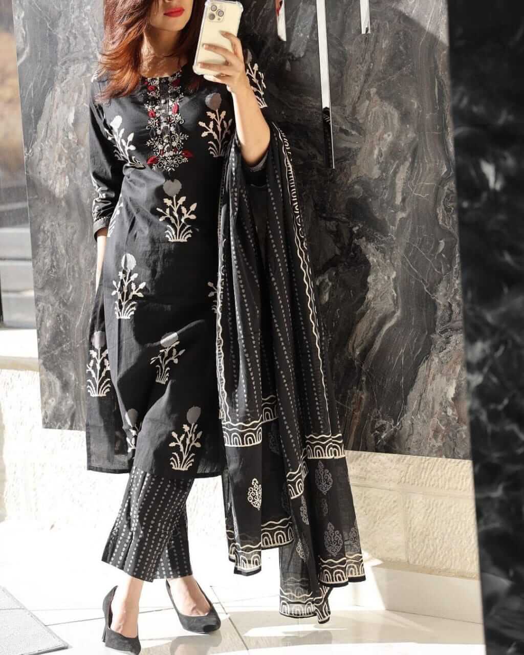 Black Printed Cotton Kurta Set with Yoke Thread Embroidery, Printed Pants & Dupatta