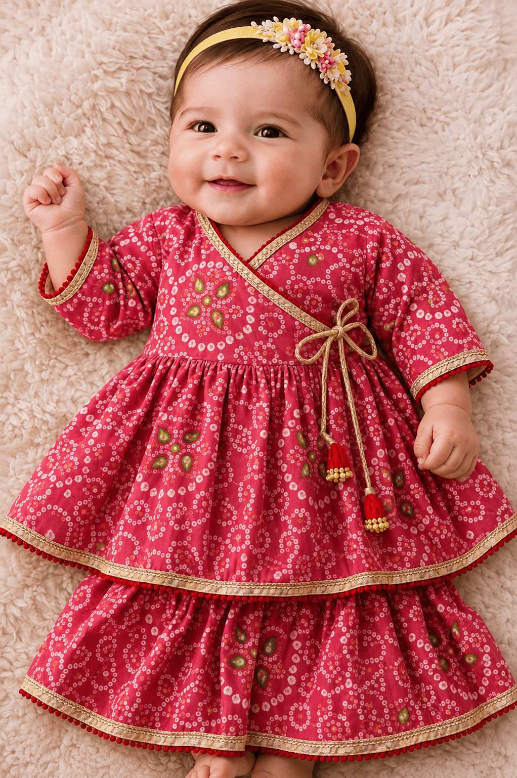 Baby Girls Pink Bandhani Print Angrakha Festive Dress | Infant Traditional Layered Cotton Frock with Tassels
