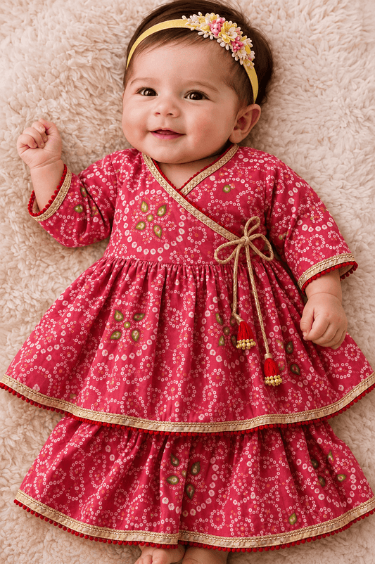 Baby Girls Pink Bandhani Print Angrakha Festive Dress | Infant Traditional Layered Cotton Frock with Tassels