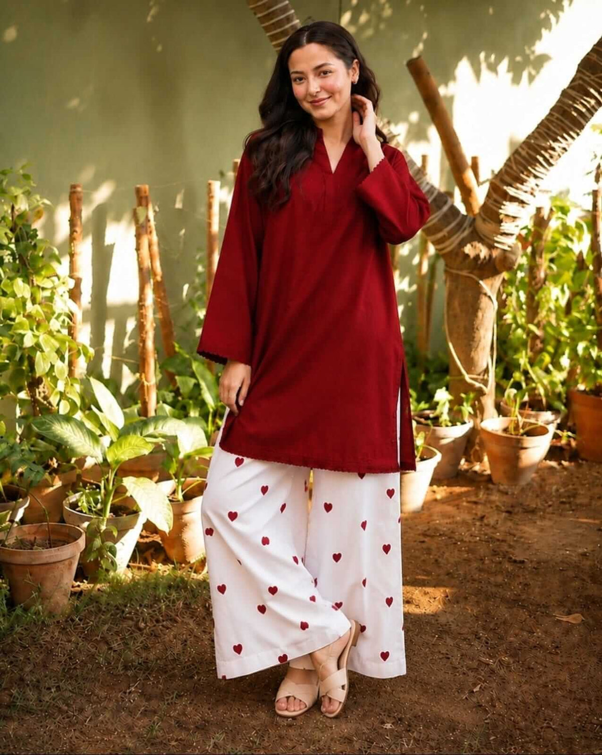 Deep Maroon Short Cotton Tunic Co-Ord Set with Ivory Heart Embroidered Wide-Leg Pants