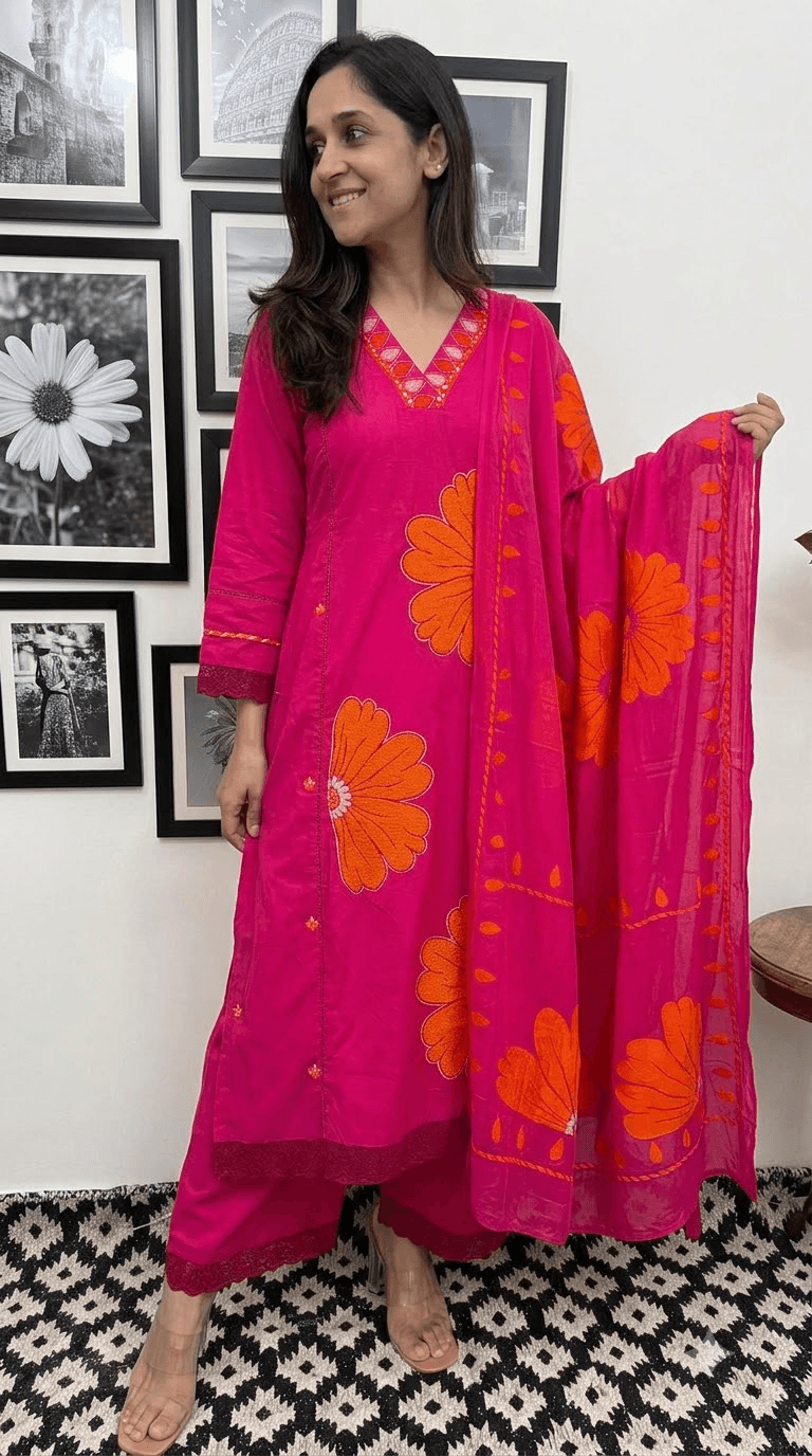 Hot Pink Embroidered Cotton Kurta, Salwar with Dupatta Set