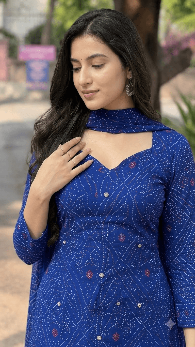 Women Royal Blue Bandhani Printed Cotton Patiyala Salwar Suit Set with Dupatta