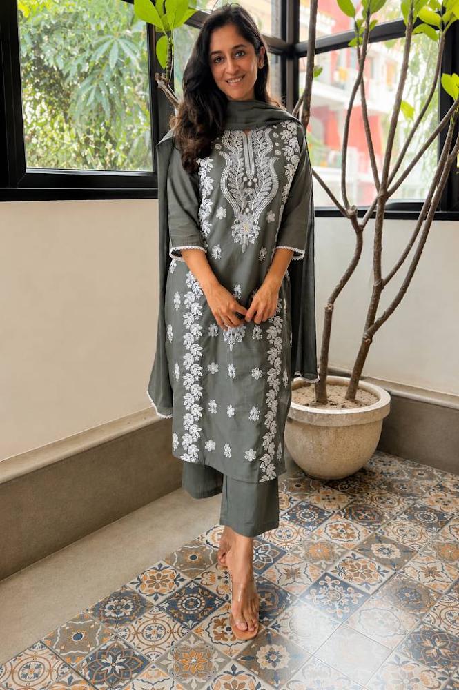 Women's Slate Grey Embroidered Chikankari Kurta Pant Set with Dupatta – 3-Piece Cotton Mulmul Straight Lucknowi Suit Set
