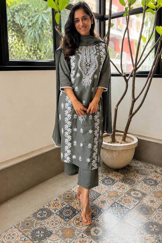 Women's Slate Grey Embroidered Chikankari Kurta Pant Set with Dupatta – 3-Piece Cotton Mulmul Straight Lucknowi Suit Set
