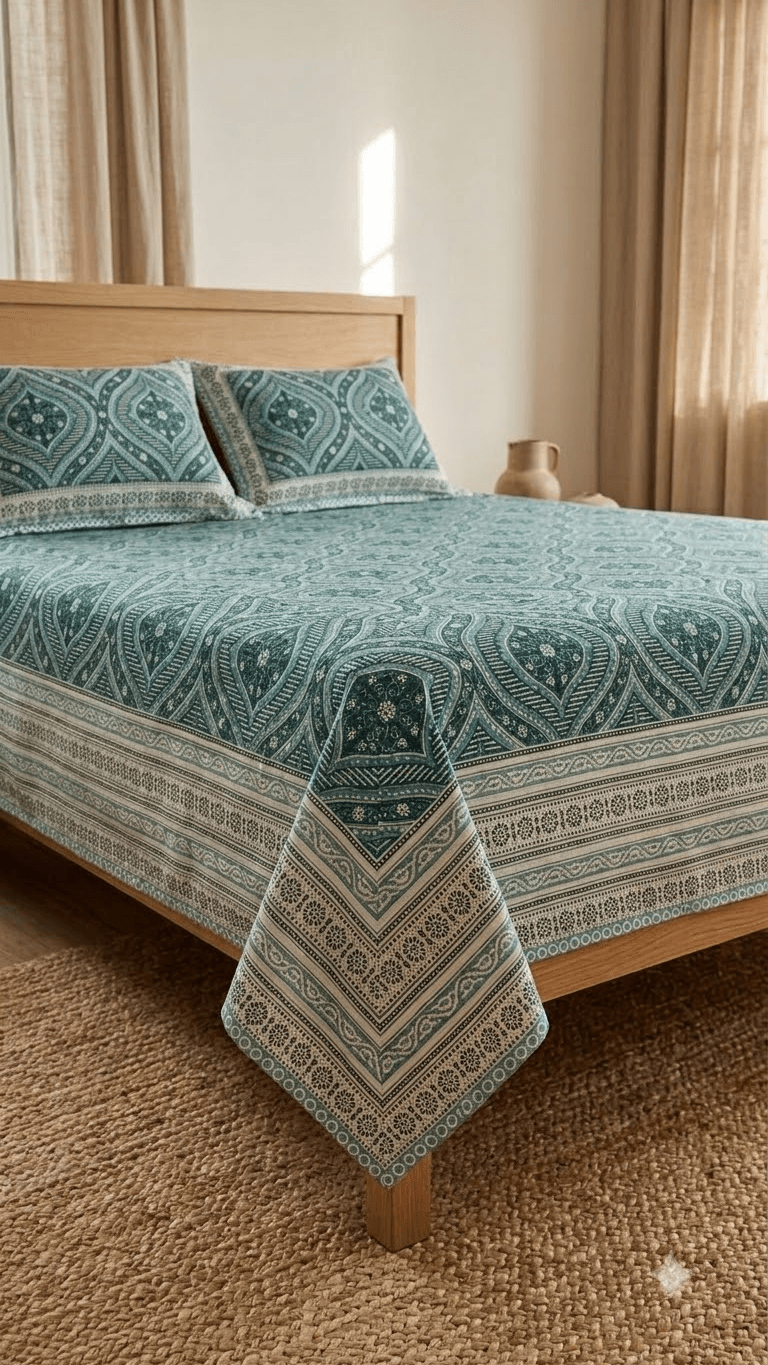Teal and Sage Green Block-Print Style Cotton Double Bedsheet with Pillow Covers