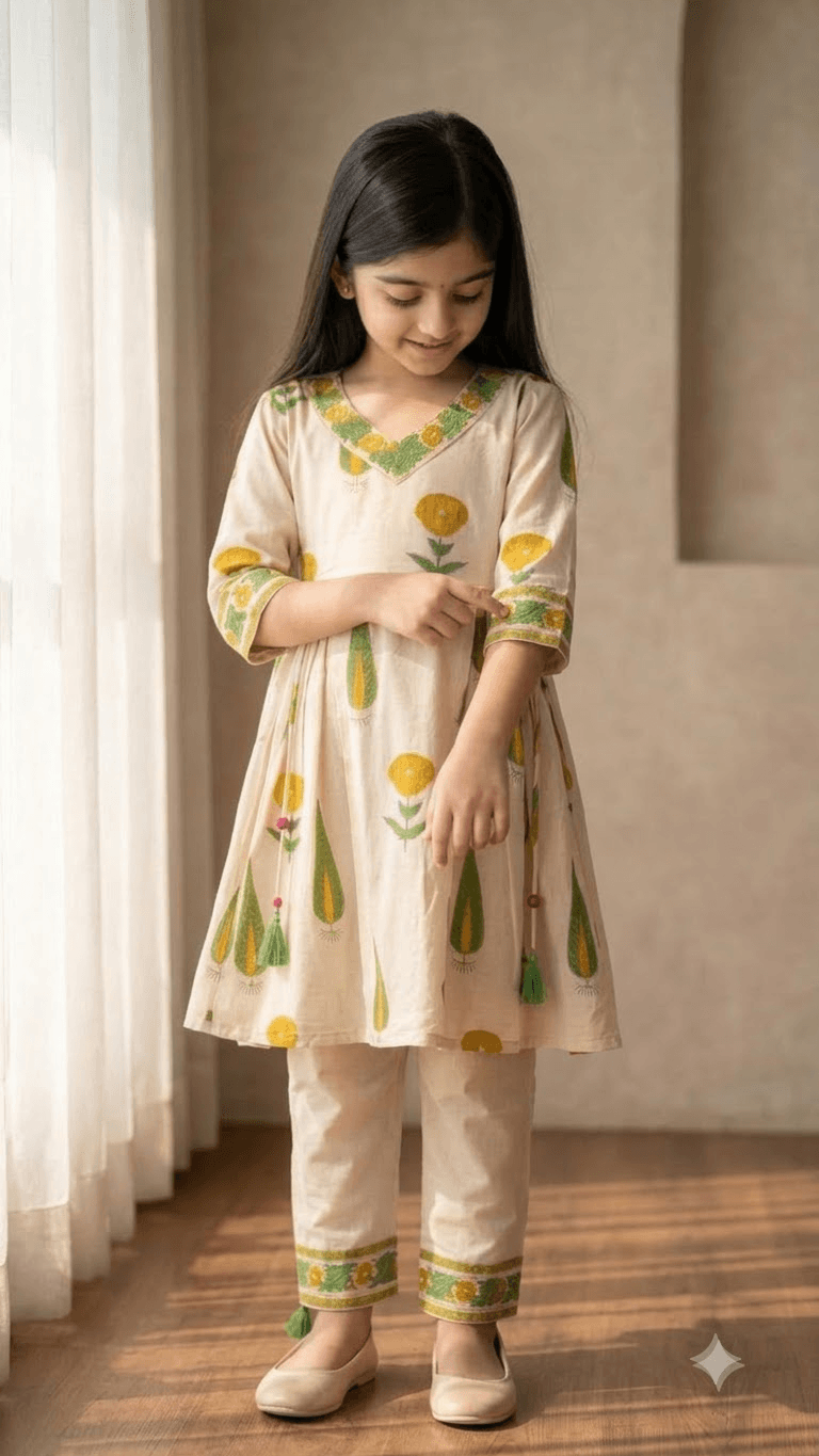 Girls Off-White & Yellow Hand Block Printed Cotton Angrakha Kurta with Pant Set