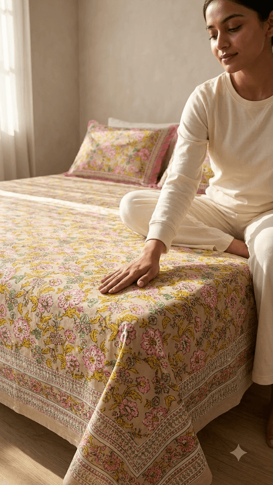 Pink and Yellow Floral Block-Print Style Cotton Double Bedsheet with Pillow Covers