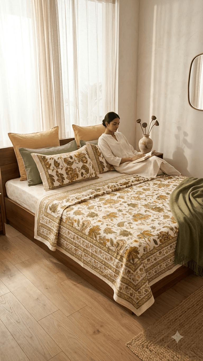 Mustard and Olive Floral Block-Print Style Cotton Double Bedsheet with Pillow Covers