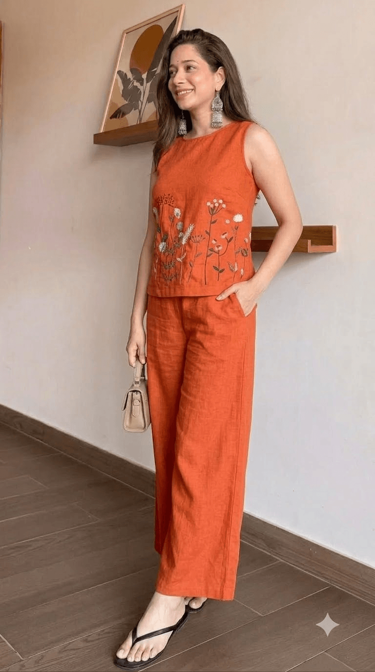 Rust Orange Embroidered Cotton Sleeveless Top with Wide-Leg Trouser Set