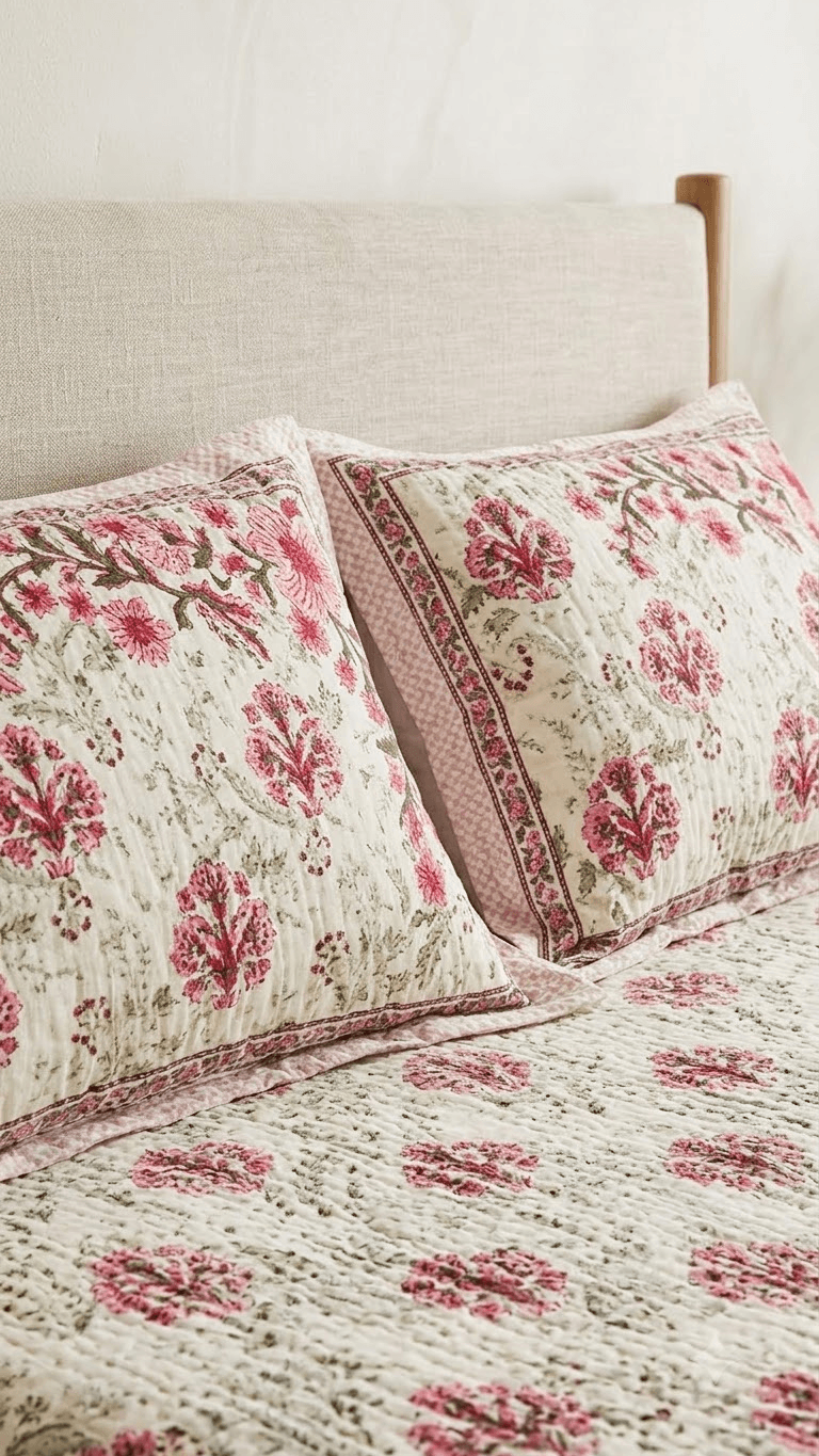 Pink and Burgundy Floral Block-Print Style Cotton Double Bedsheet with Pillow Covers