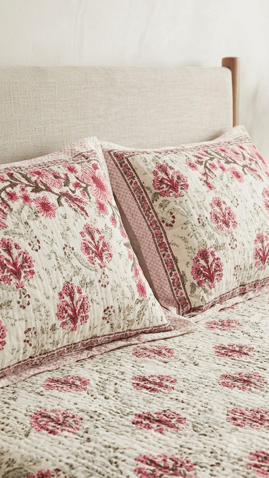 Pink and Burgundy Floral Block-Print Style Cotton Double Bedsheet with Pillow Covers