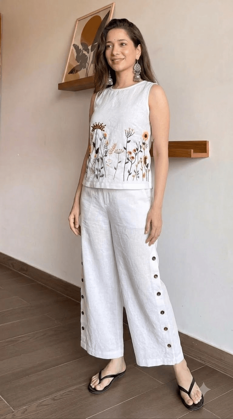 White Embroidered Cotton Sleeveless Top with Wide-Leg Trouser Set